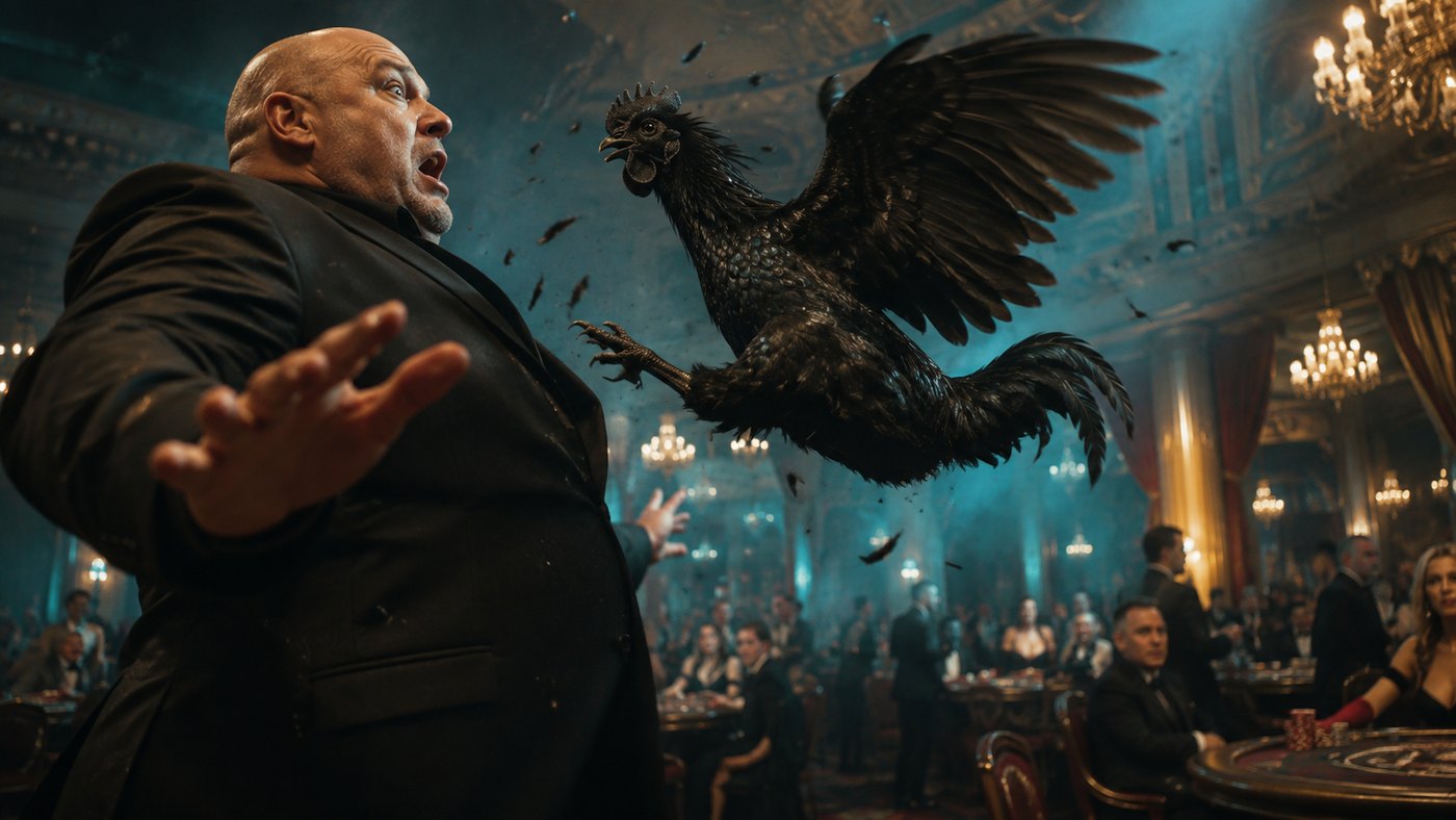 Bro the rooster flies at a bodyguard's face, feathers everywhere