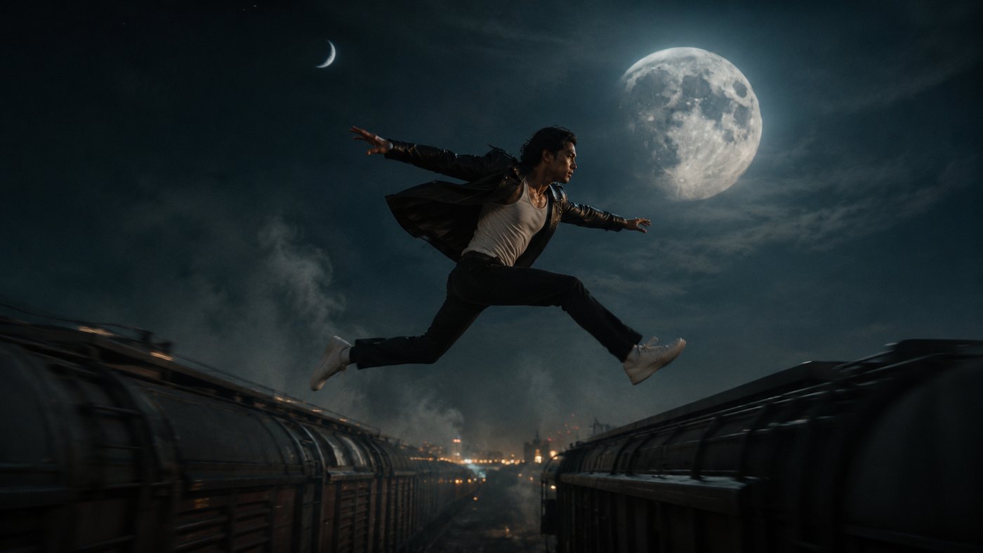 Ahmed leaps between the roofs of two moving freight trains under the moon