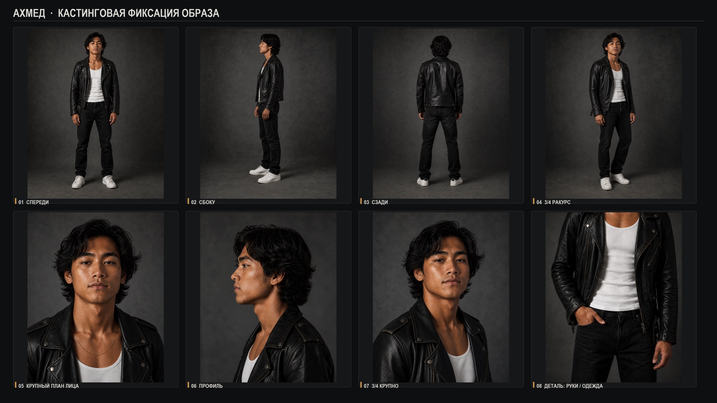 Casting reference set: eight consistent views of Ahmed for the AI pipeline