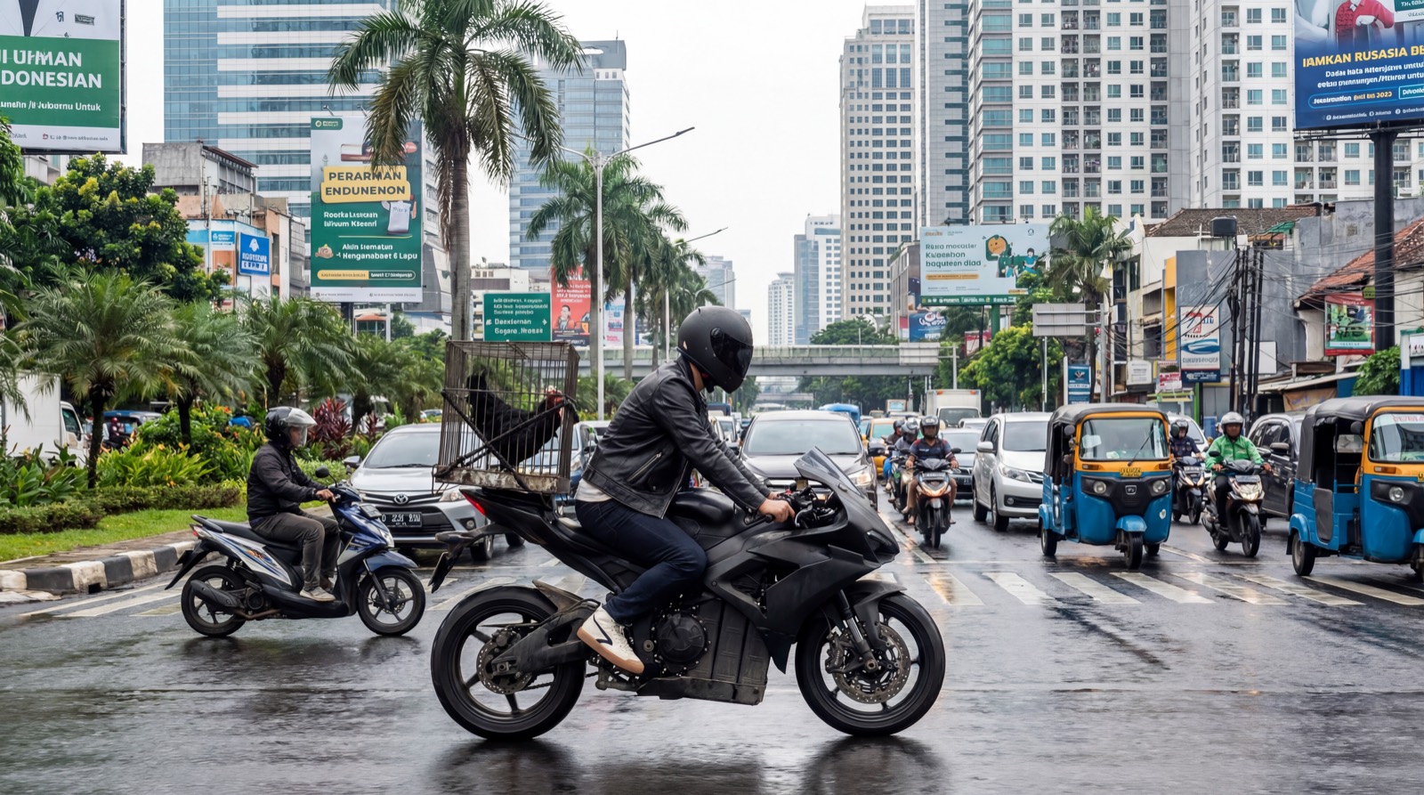 Ahmed's black motorbike with Bro's cage crossing a rainy Jakarta avenue among cars, scooters and tuk-tuks