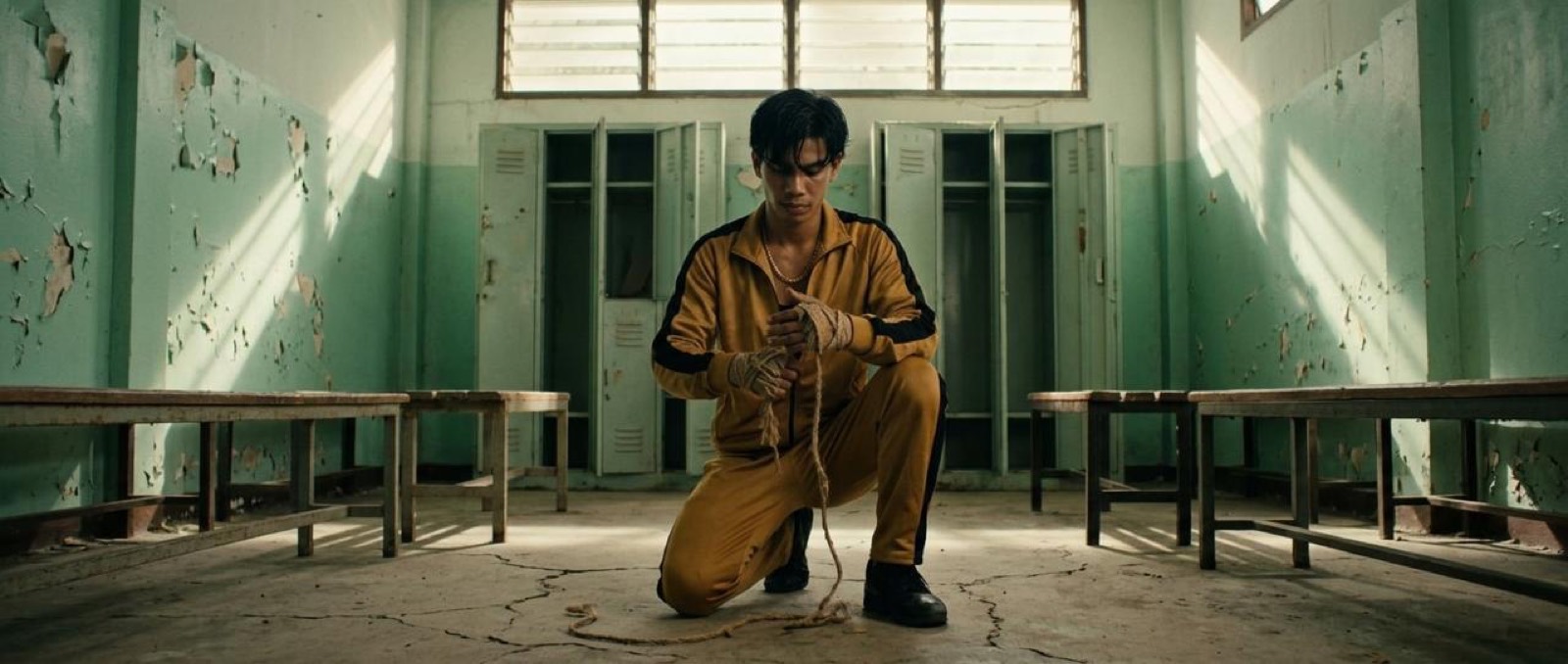 Live-action frame from the teaser shoot: Ahmed wrapping his fists in the locker room