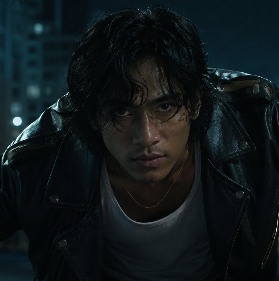 Step 3: finished cinematic frame with the same character