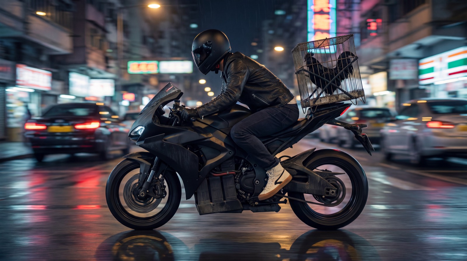 Finished cinematic frame: night chase through neon streets