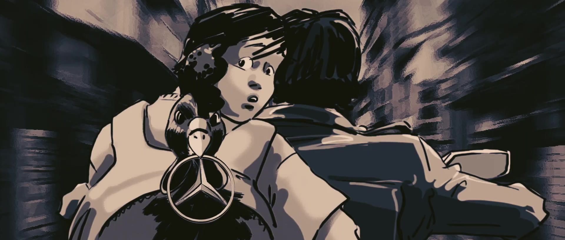 Hand-drawn storyboard: Nyoman with the rooster on the back of the bike during the night chase