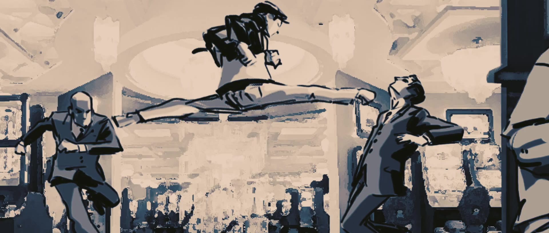 Hand-drawn storyboard: Ahmed's flying split kick in the casino hall