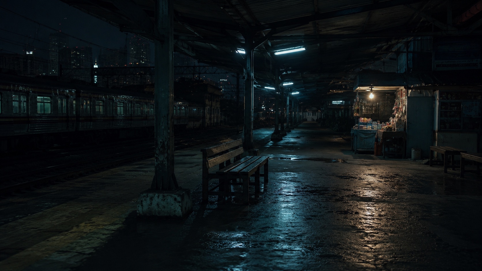 Jakarta railway station platform at night — where Ahmed and Nyoman first meet